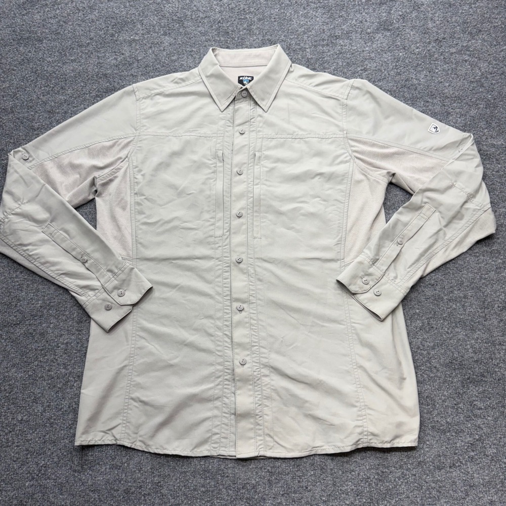 KUHL Airspeed Mens Long Sleeve Technical Hiking Shirt Grey Tan Medium Venting